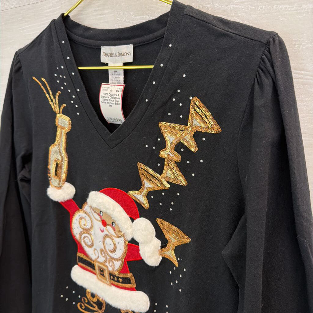 Christmas Santa Black Top Petite Medium