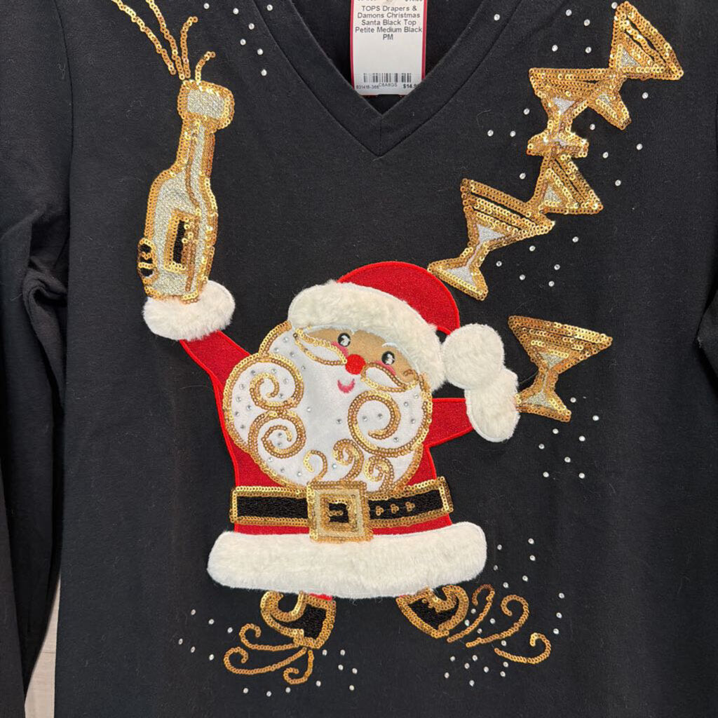 Christmas Santa Black Top Petite Medium