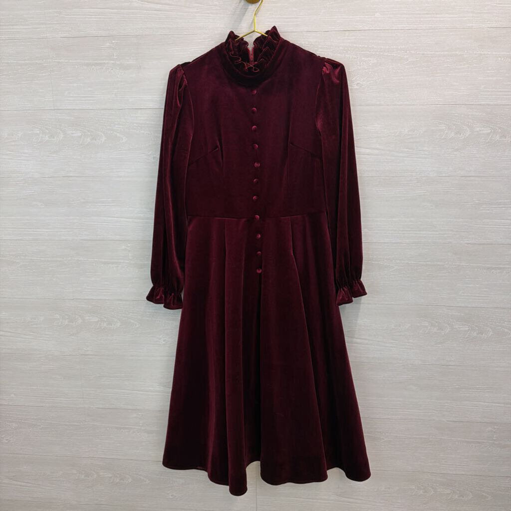 Lai Meng Burgundy Velour Ruffle Collar Dress