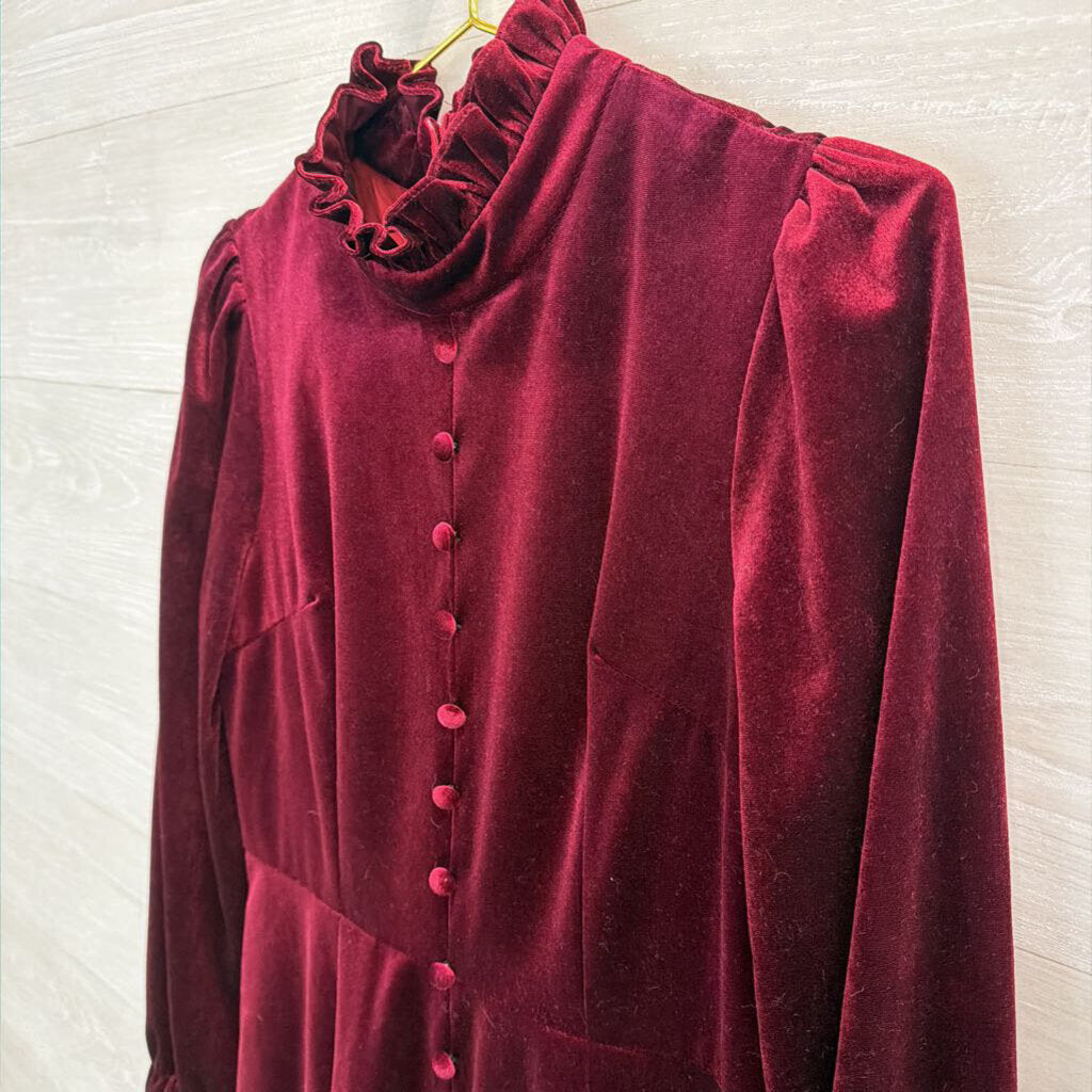 Lai Meng Burgundy Velour Ruffle Collar Dress