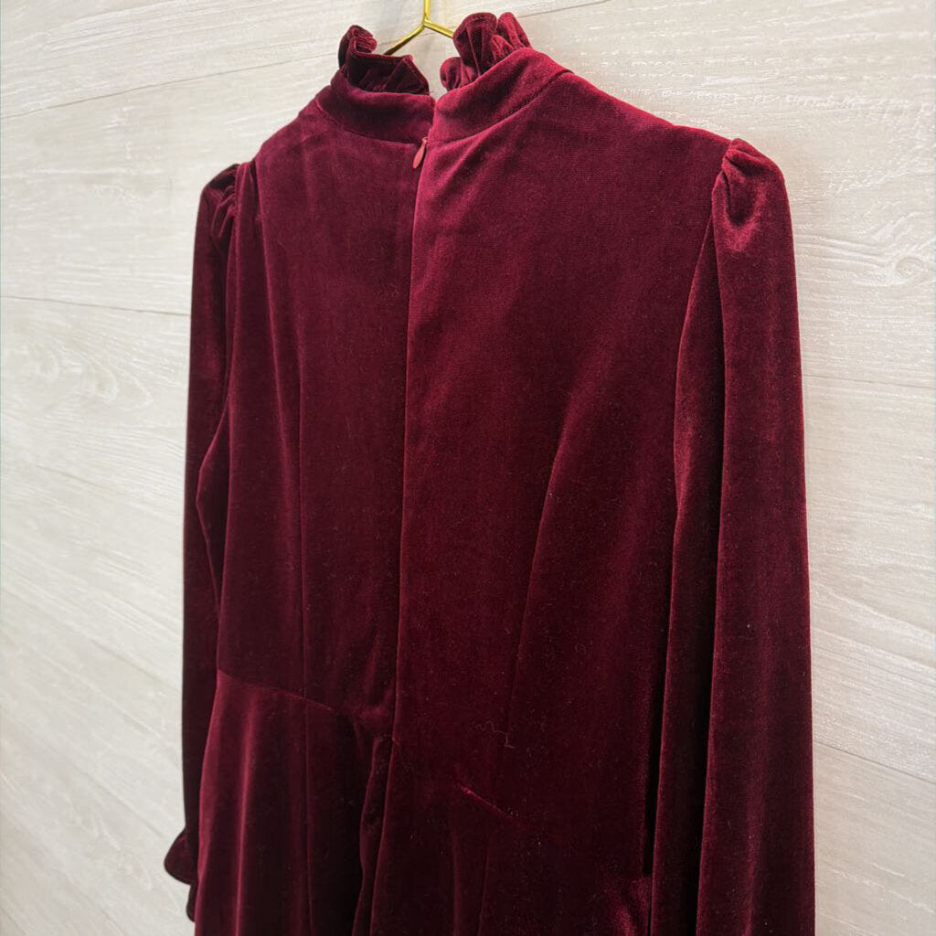Lai Meng Burgundy Velour Ruffle Collar Dress