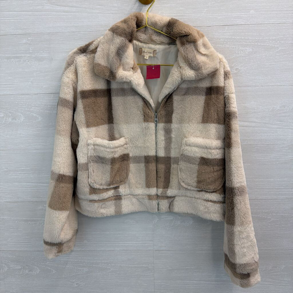 Altar'd State Cream/ Brown Soft Fuzzy Plaid Zip Front Jacket Small