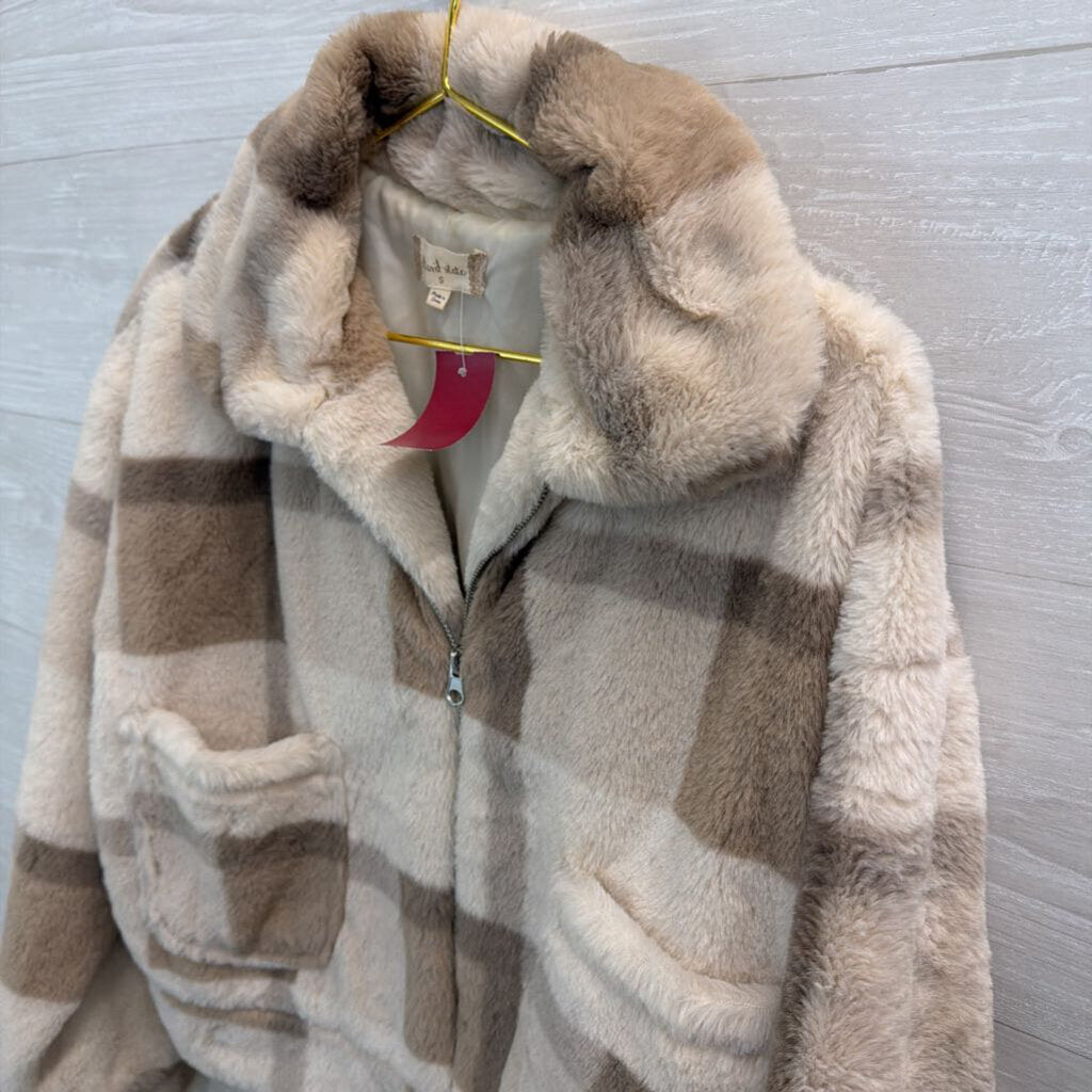 Altar'd State Cream/ Brown Soft Fuzzy Plaid Zip Front Jacket Small