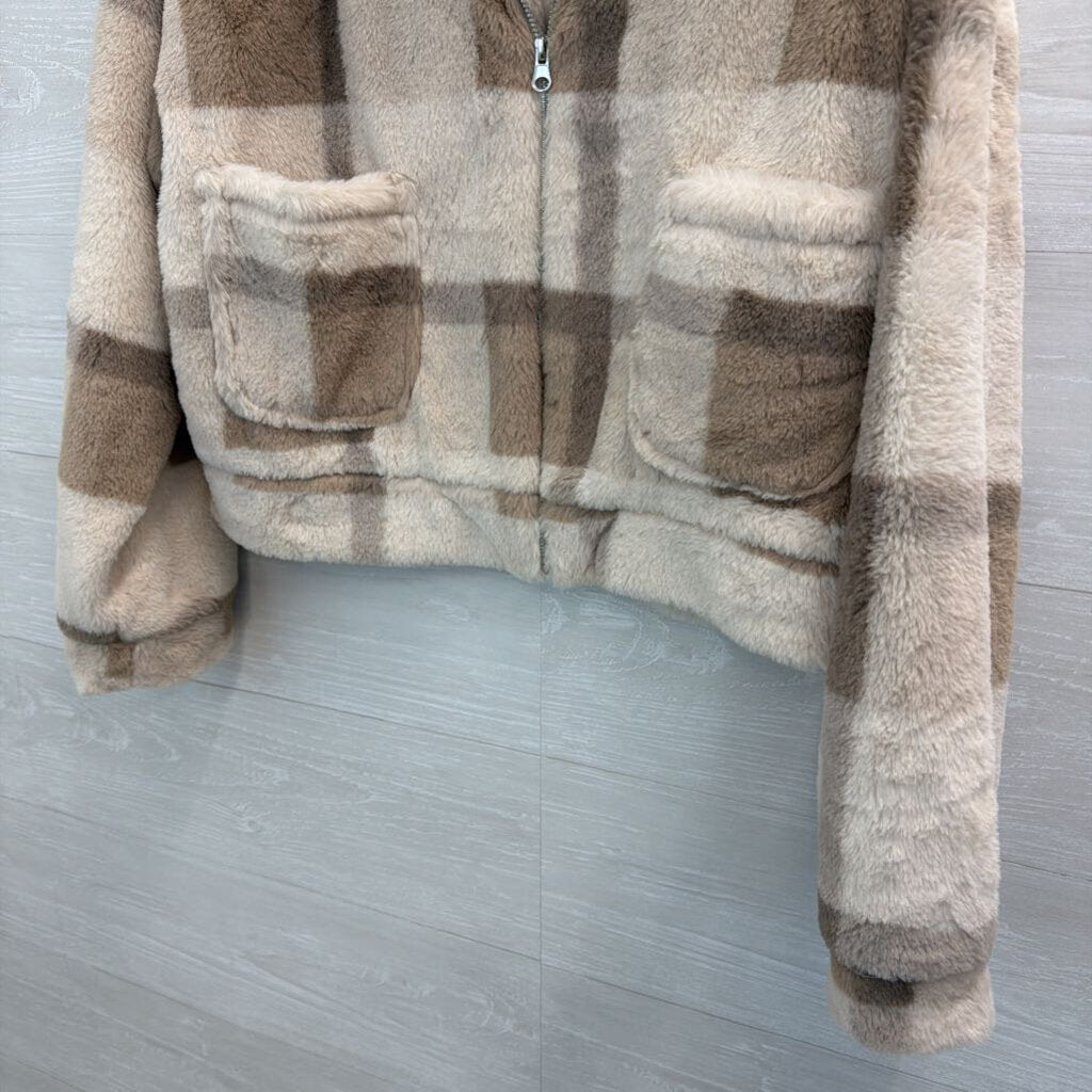 Altar'd State Cream/ Brown Soft Fuzzy Plaid Zip Front Jacket Small