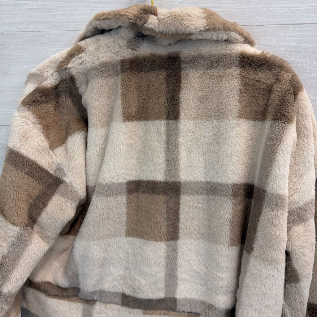 Altar'd State Cream/ Brown Soft Fuzzy Plaid Zip Front Jacket Small