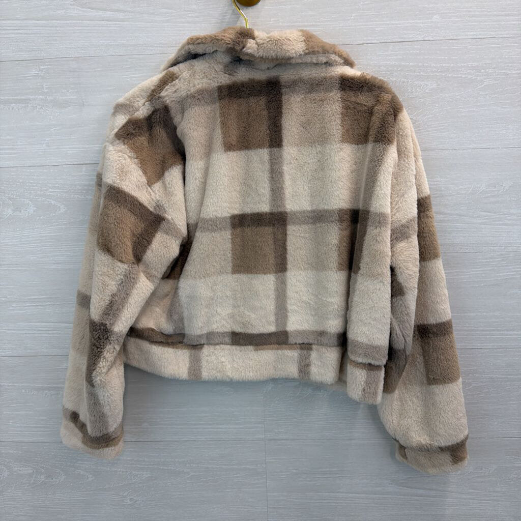 Altar'd State Cream/ Brown Soft Fuzzy Plaid Zip Front Jacket Small
