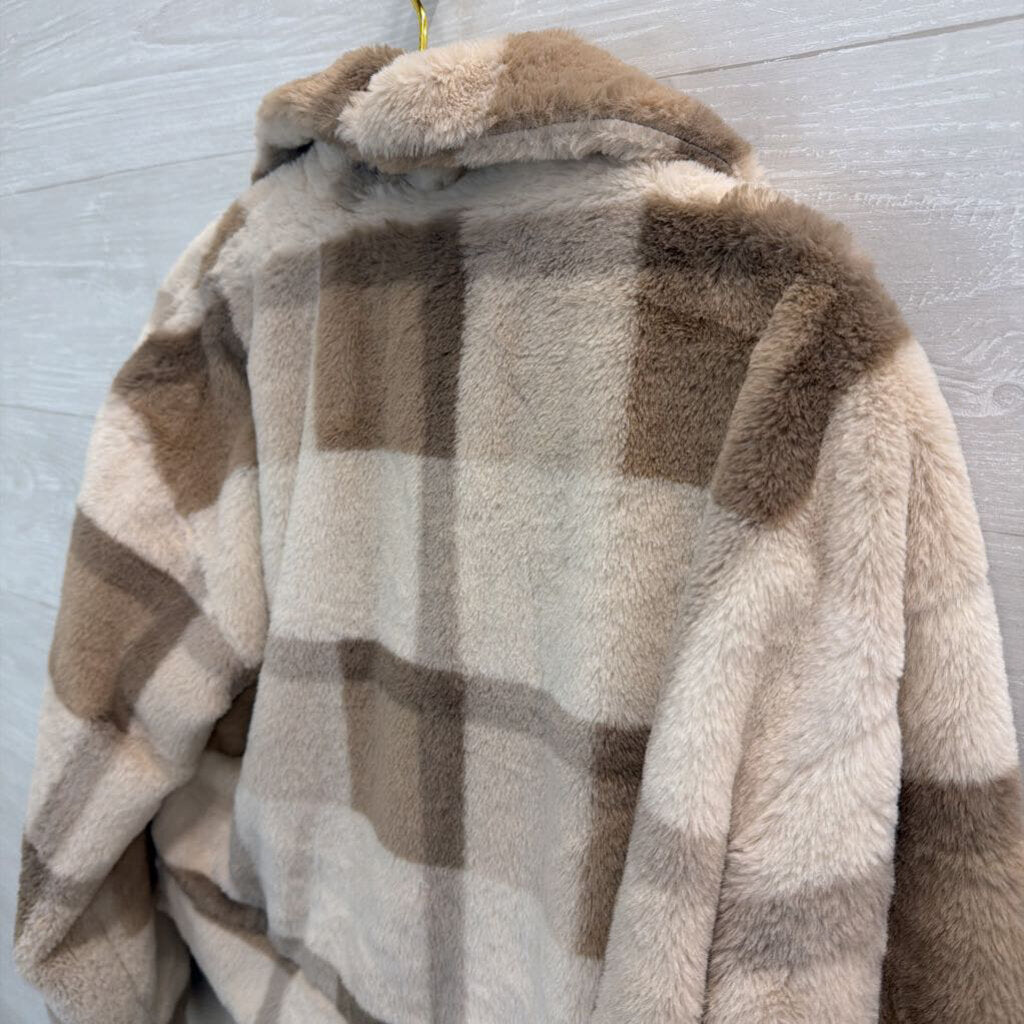 Altar'd State Cream/ Brown Soft Fuzzy Plaid Zip Front Jacket Small
