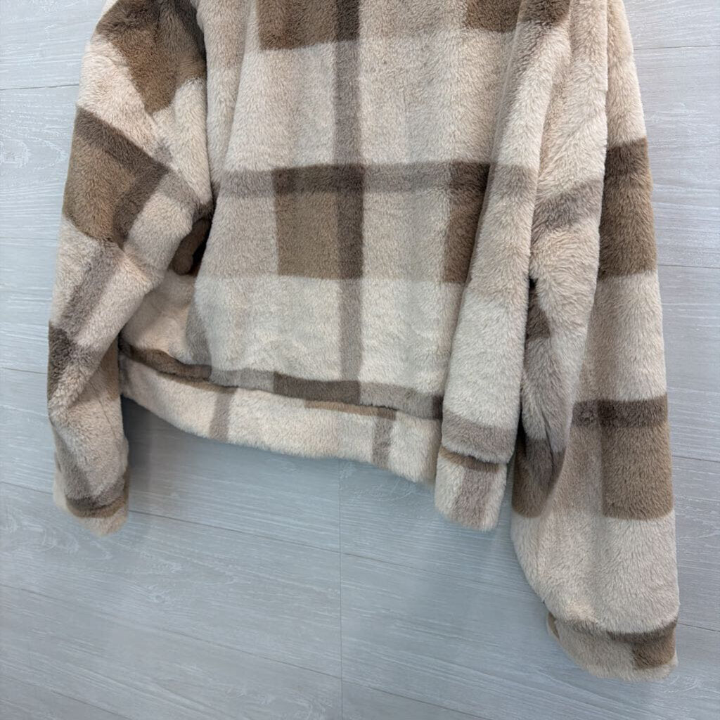 Altar'd State Cream/ Brown Soft Fuzzy Plaid Zip Front Jacket Small