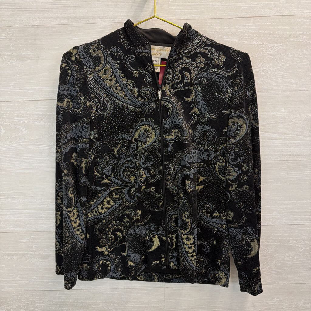Vintage Jeanne Alexander Black/ Silky Sparkle Paisley Print Zip Up Jacket Small Petite
