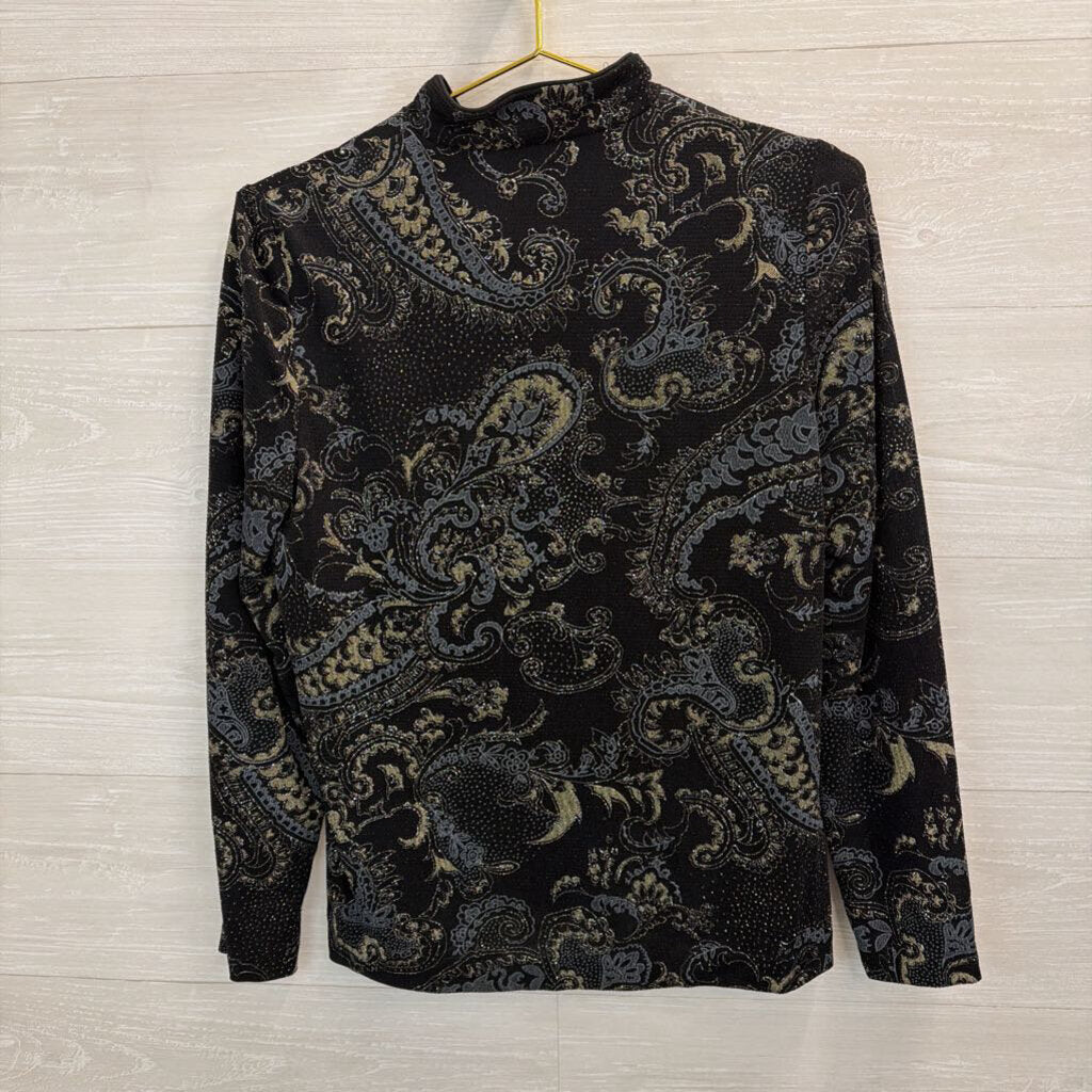 Vintage Jeanne Alexander Black/ Silky Sparkle Paisley Print Zip Up Jacket Small Petite