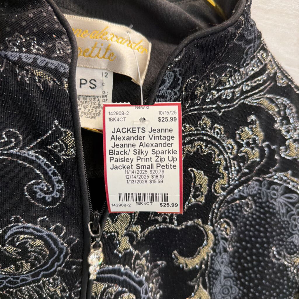 Vintage Jeanne Alexander Black/ Silky Sparkle Paisley Print Zip Up Jacket Small Petite