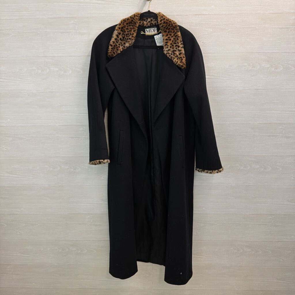 Vintage Mario De Pinto Black Leopard Faux Fur Trim Long Jacket Large