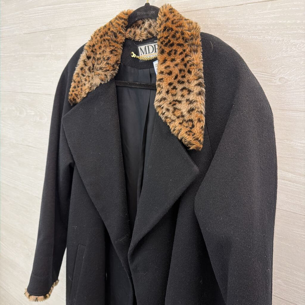 Vintage Mario De Pinto Black Leopard Faux Fur Trim Long Jacket Large