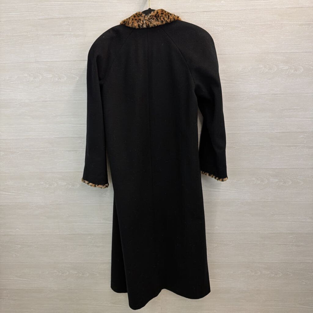 Vintage Mario De Pinto Black Leopard Faux Fur Trim Long Jacket Large
