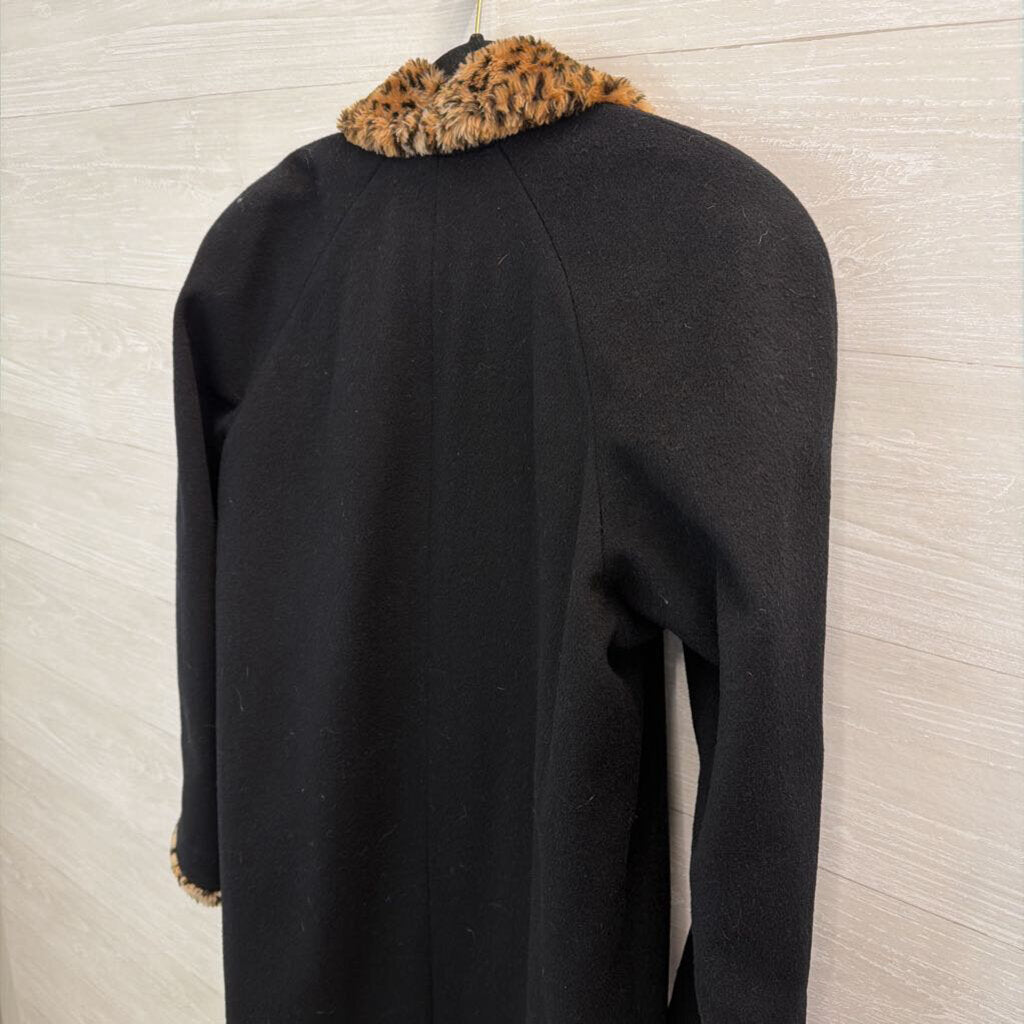 Vintage Mario De Pinto Black Leopard Faux Fur Trim Long Jacket Large