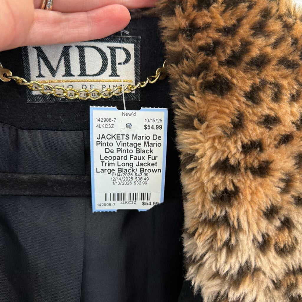 Vintage Mario De Pinto Black Leopard Faux Fur Trim Long Jacket Large