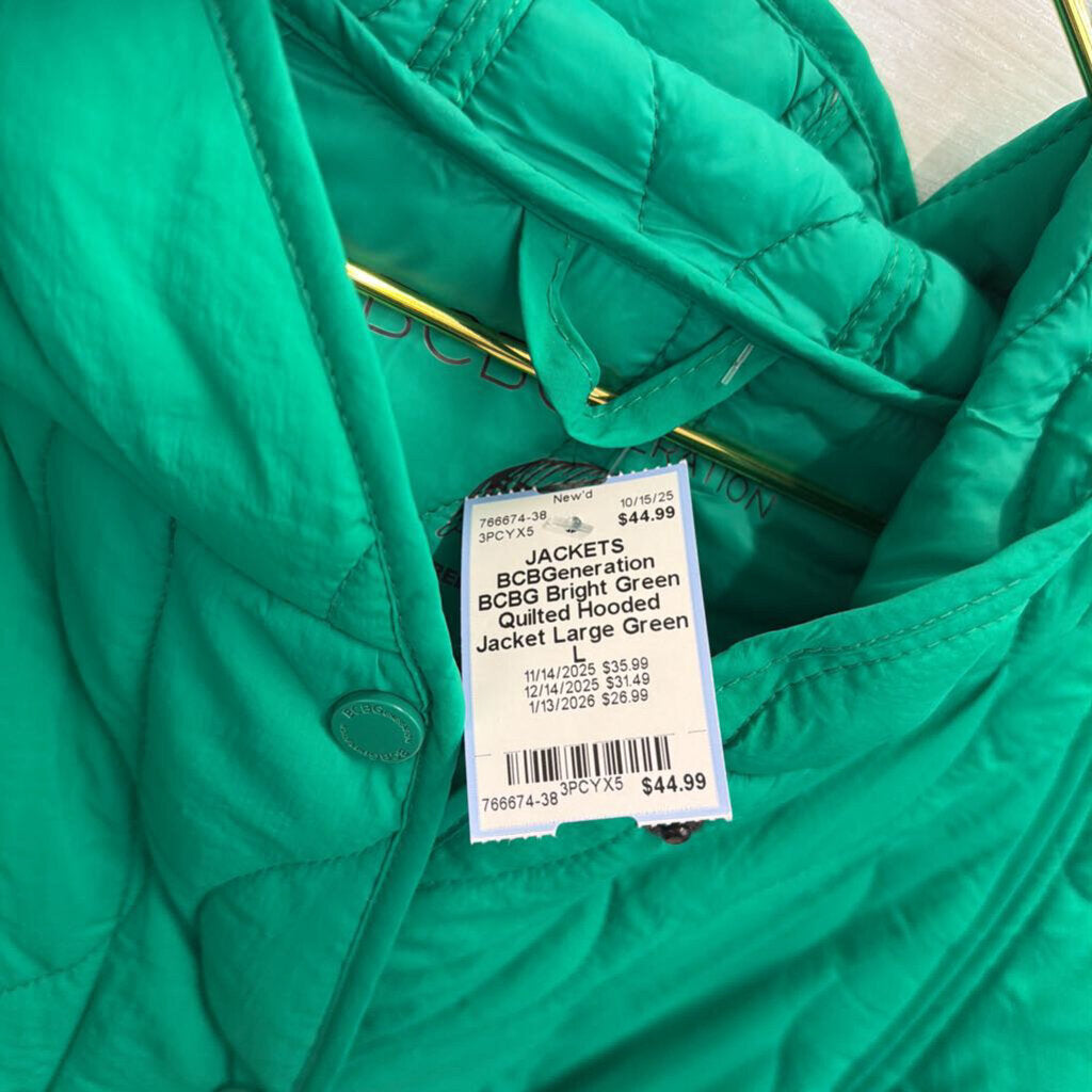 BCBG Bright Green Quilted Hooded Jacket Large