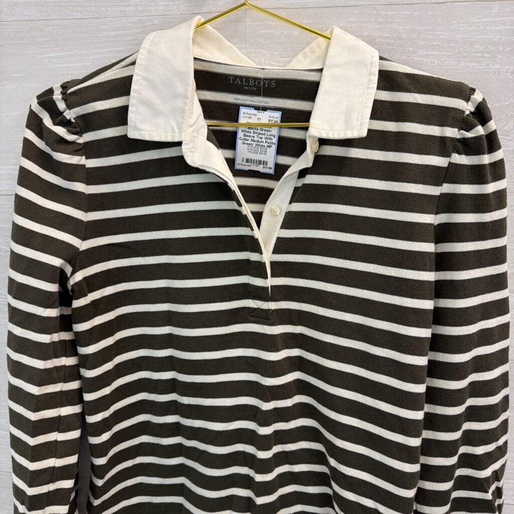 Talbots Green/ White Striped Long Sleeve Top With Collar Medium Petite