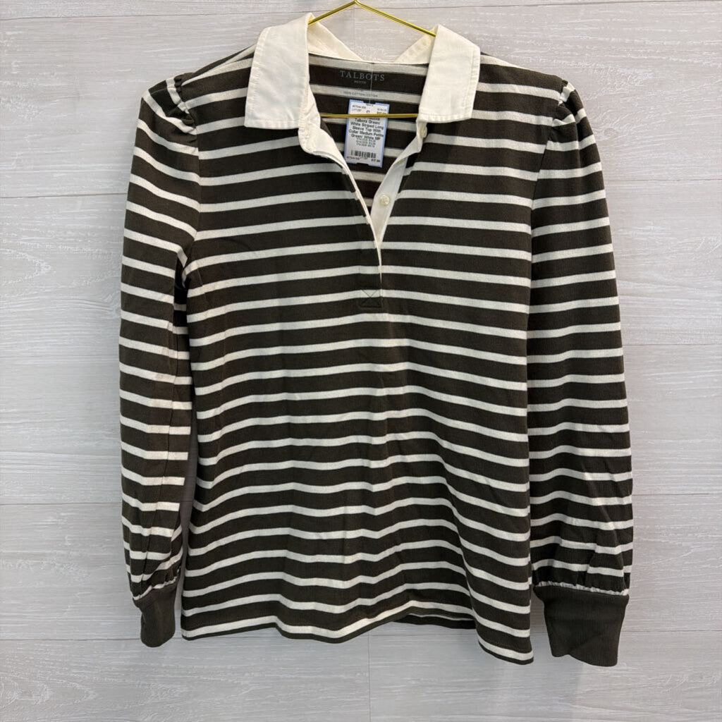 Talbots Green/ White Striped Long Sleeve Top With Collar Medium Petite