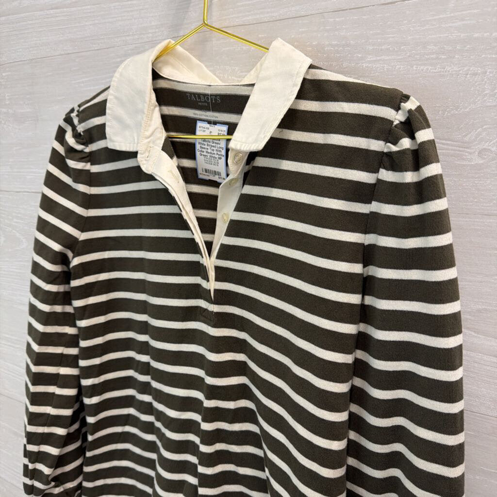 Talbots Green/ White Striped Long Sleeve Top With Collar Medium Petite