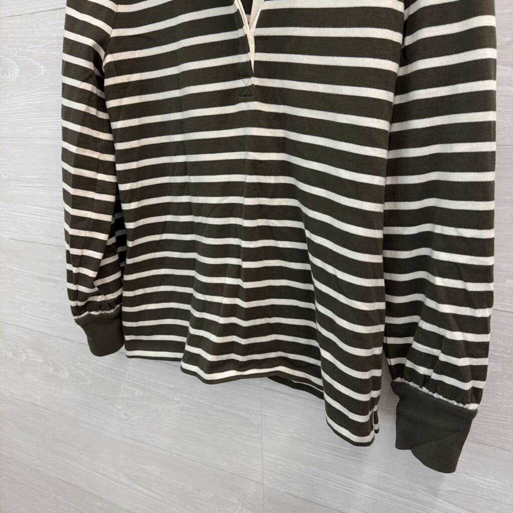 Talbots Green/ White Striped Long Sleeve Top With Collar Medium Petite
