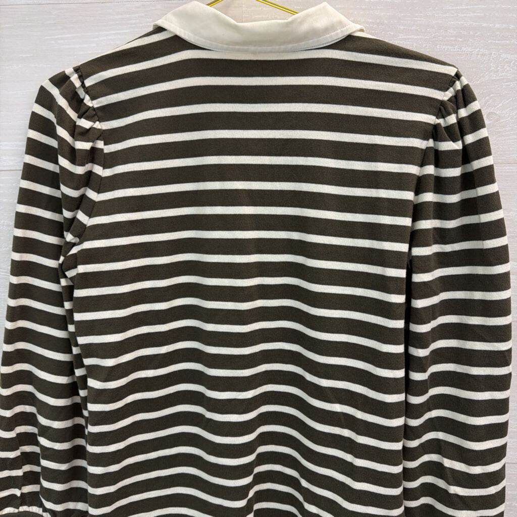 Talbots Green/ White Striped Long Sleeve Top With Collar Medium Petite