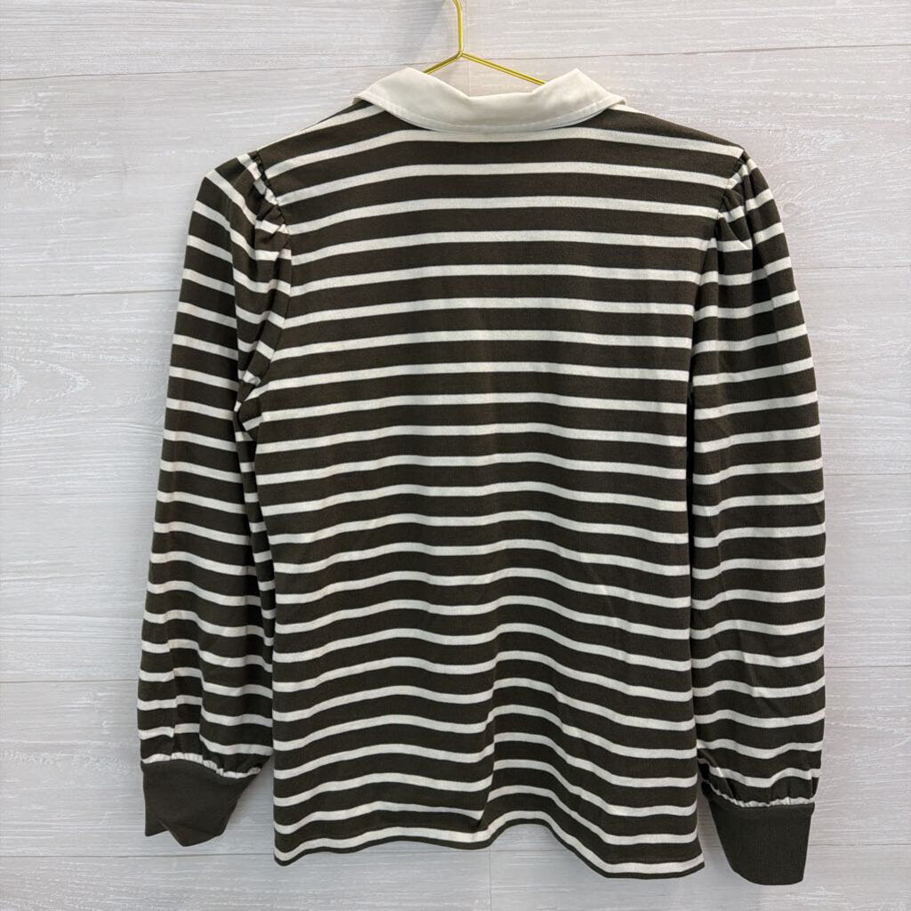 Talbots Green/ White Striped Long Sleeve Top With Collar Medium Petite