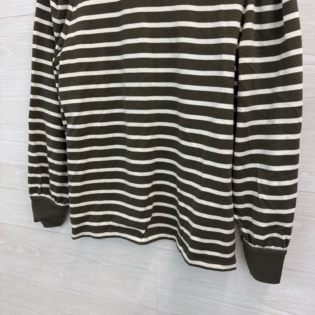 Talbots Green/ White Striped Long Sleeve Top With Collar Medium Petite