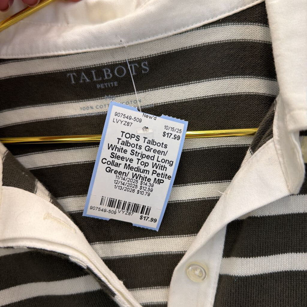 Talbots Green/ White Striped Long Sleeve Top With Collar Medium Petite