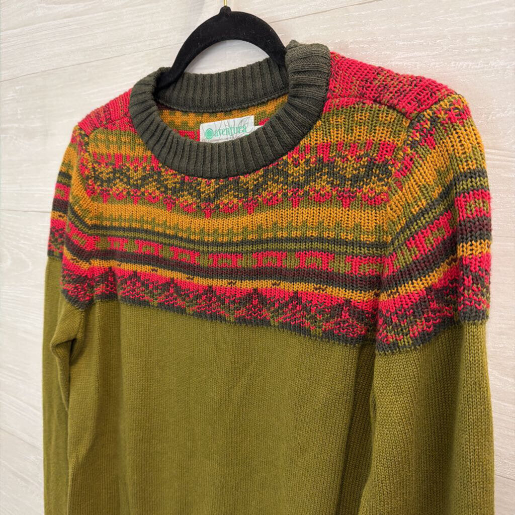 Aventura Green/ Multi Print Knit Long Sleeve Sweater Top Medium