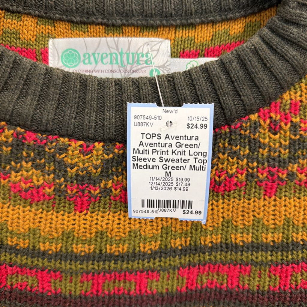 Aventura Green/ Multi Print Knit Long Sleeve Sweater Top Medium