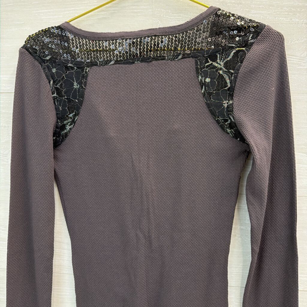 Free People Grey/ Black Sequin Detail Henley Top Medium
