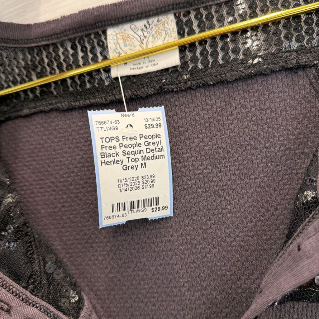 Free People Grey/ Black Sequin Detail Henley Top Medium