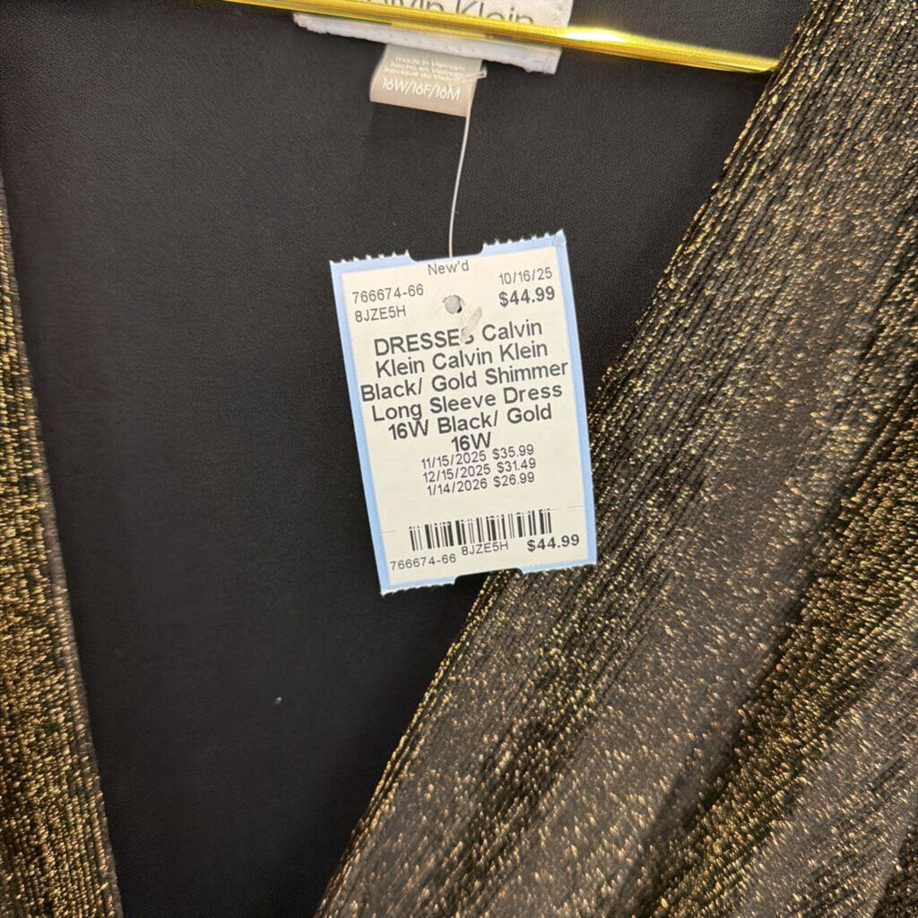Calvin Klein Black/ Gold Shimmer Long Sleeve Dress 16W