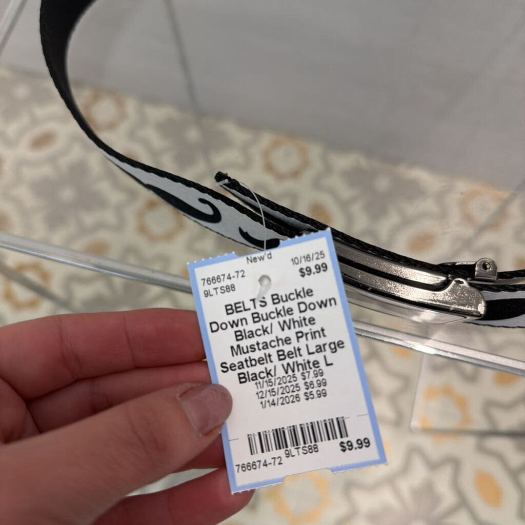 Buckle Down Black/ White Mustache Print Seatbelt Belt Large