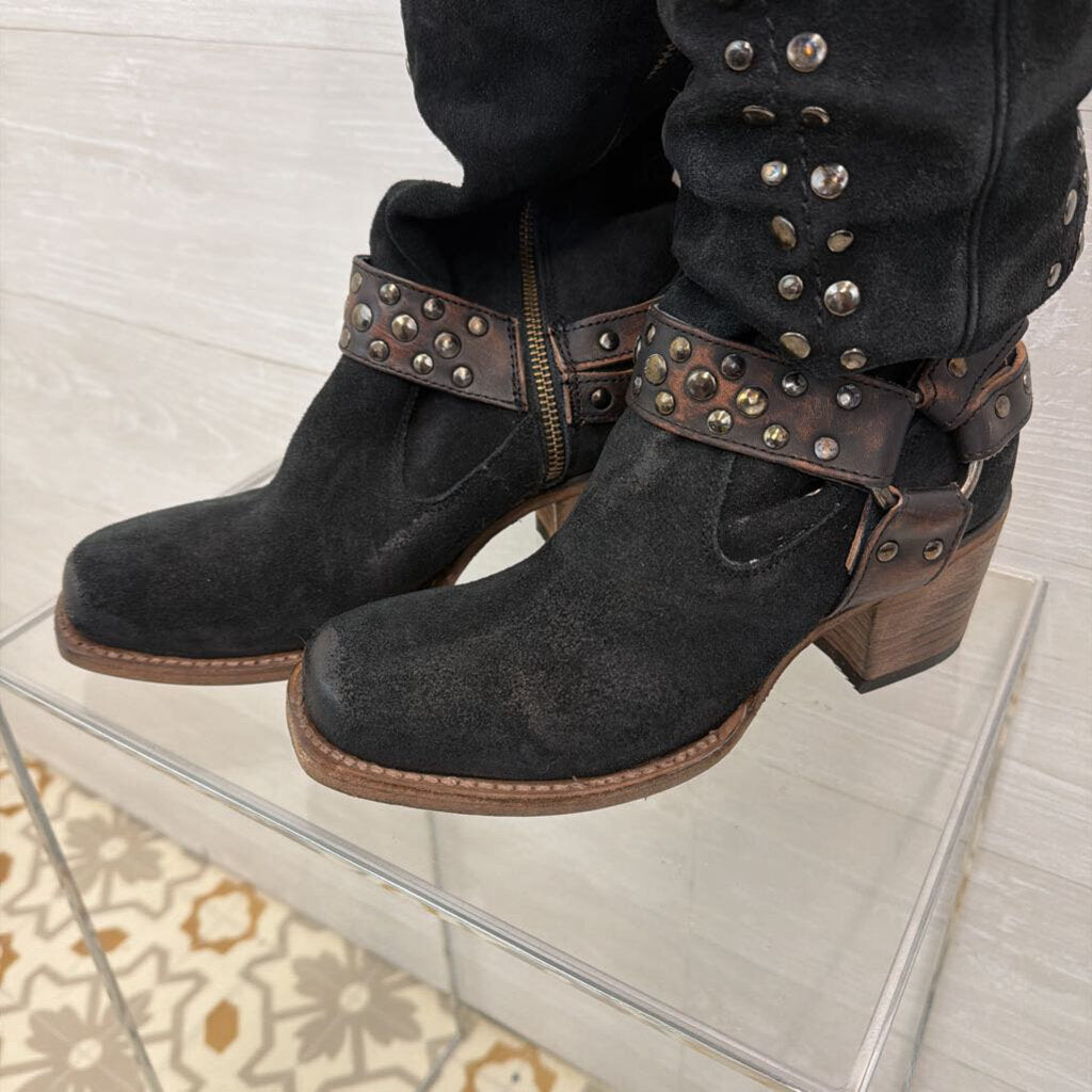 Free Bird Black Suede Leather Daisy Studded Tall Boots 8