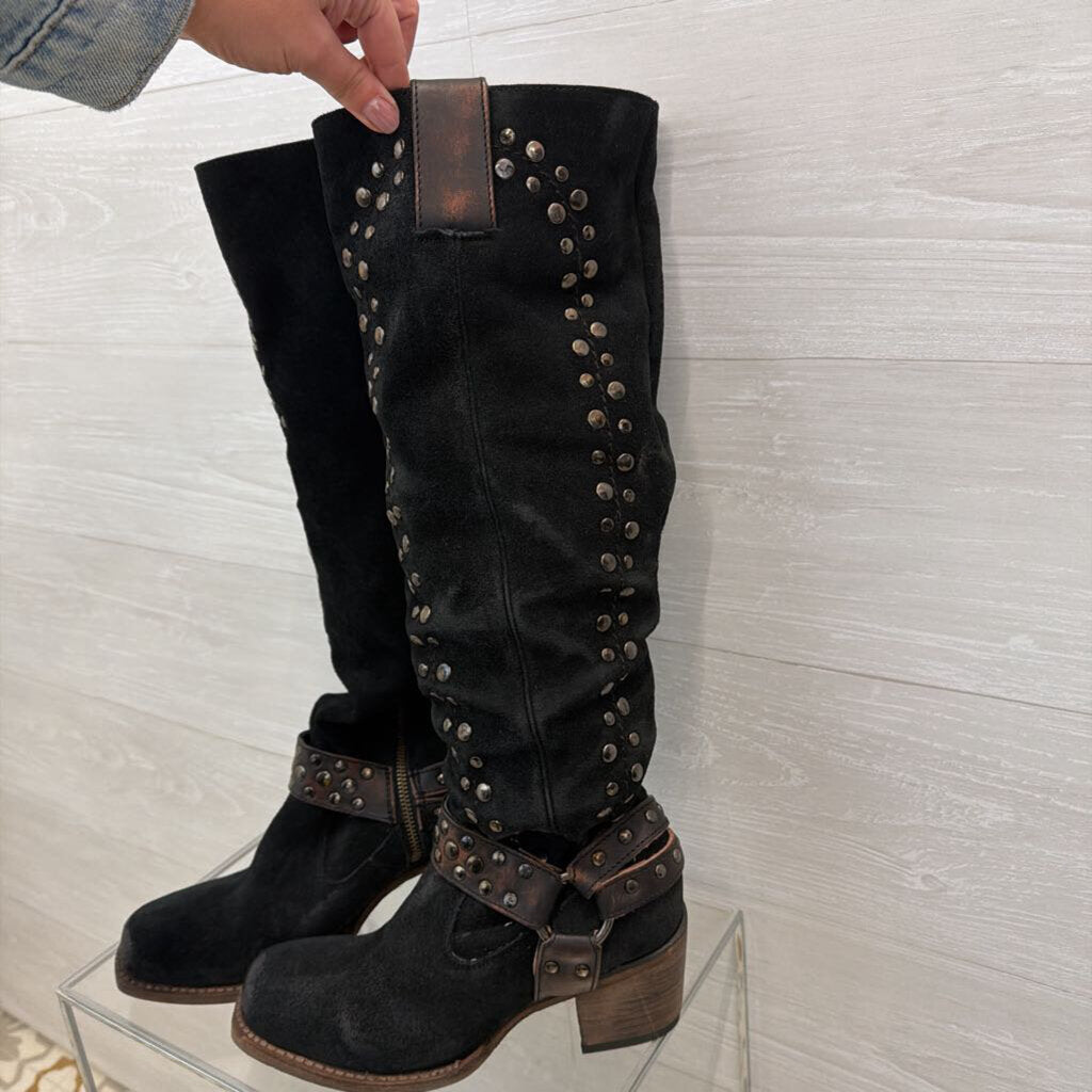Free Bird Black Suede Leather Daisy Studded Tall Boots 8