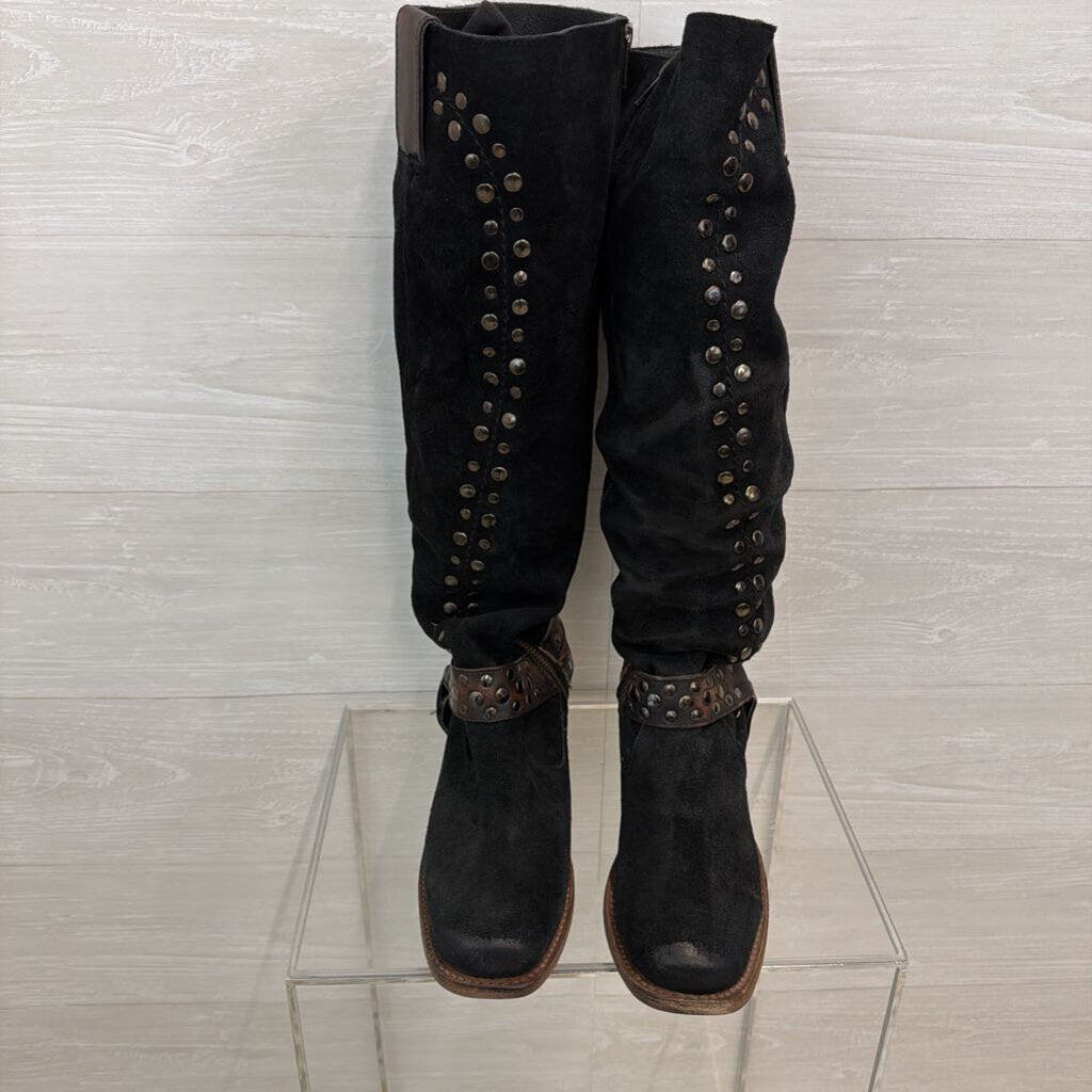 Free Bird Black Suede Leather Daisy Studded Tall Boots 8