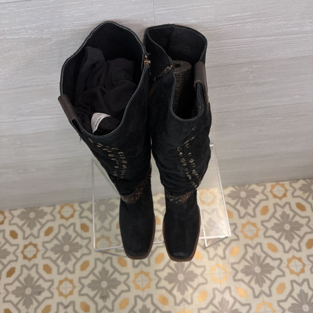 Free Bird Black Suede Leather Daisy Studded Tall Boots 8