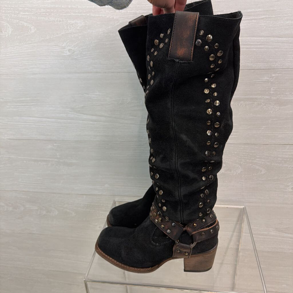 Free Bird Black Suede Leather Daisy Studded Tall Boots 8