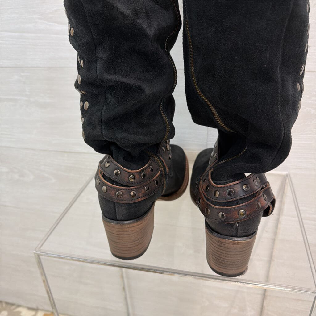 Free Bird Black Suede Leather Daisy Studded Tall Boots 8