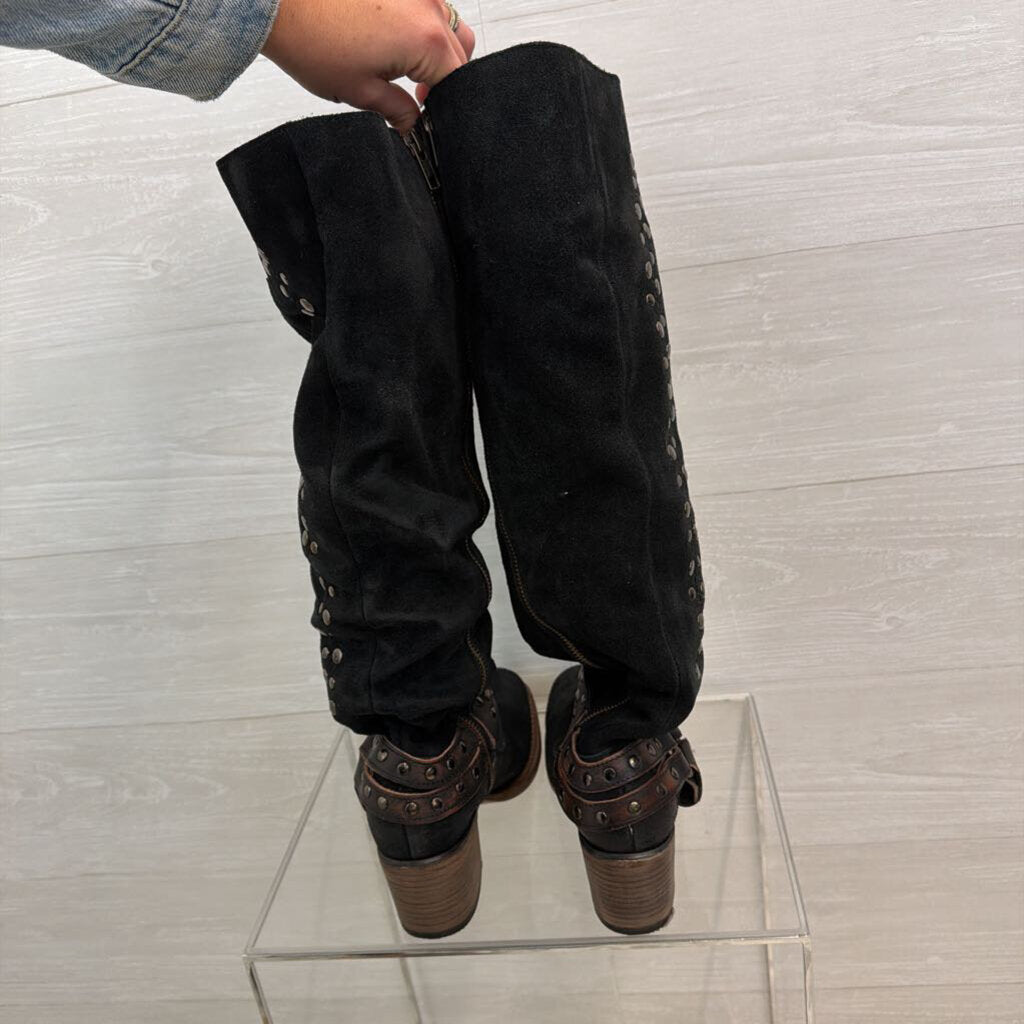 Free Bird Black Suede Leather Daisy Studded Tall Boots 8