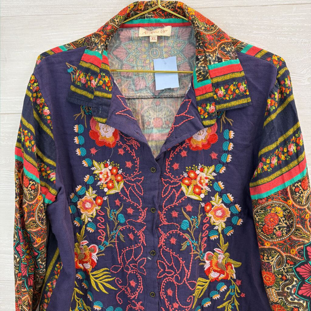 All About Her Navy/ Multi Embroidered Print Long Sleeve Button Down Top Extra Large