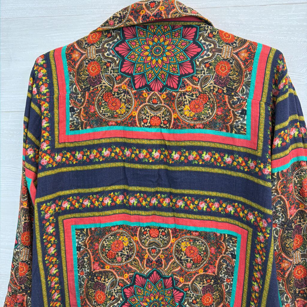 All About Her Navy/ Multi Embroidered Print Long Sleeve Button Down Top Extra Large