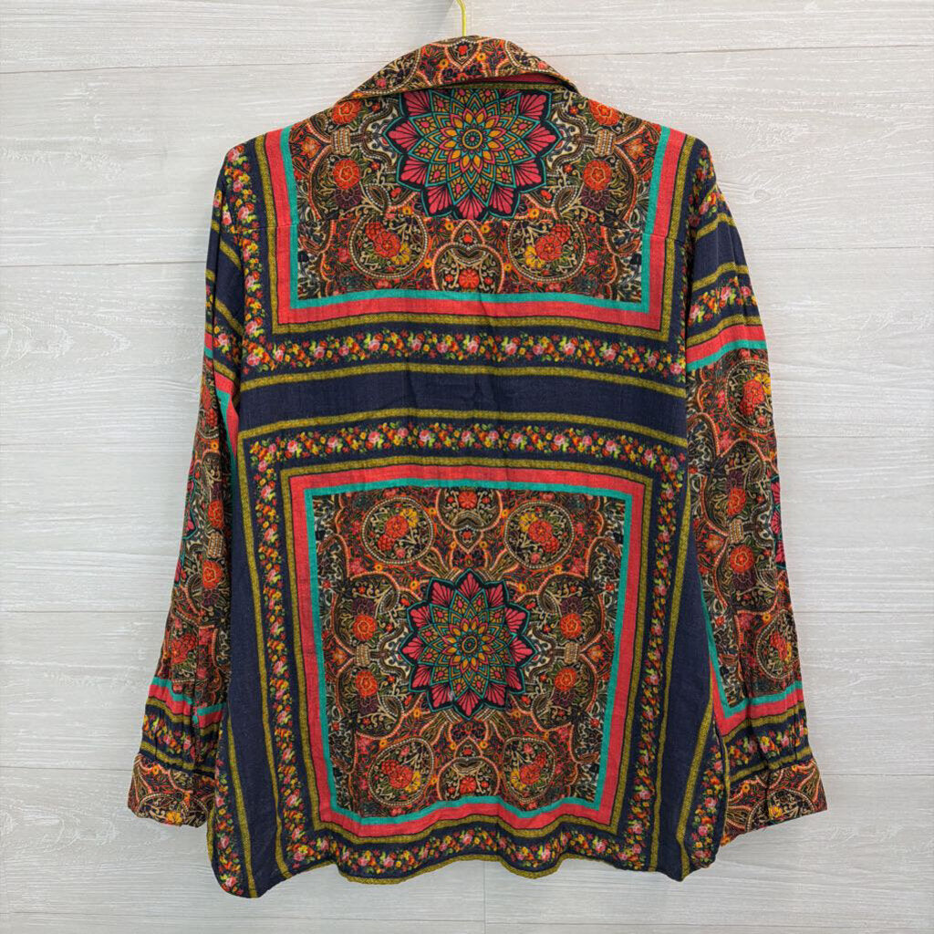 All About Her Navy/ Multi Embroidered Print Long Sleeve Button Down Top Extra Large
