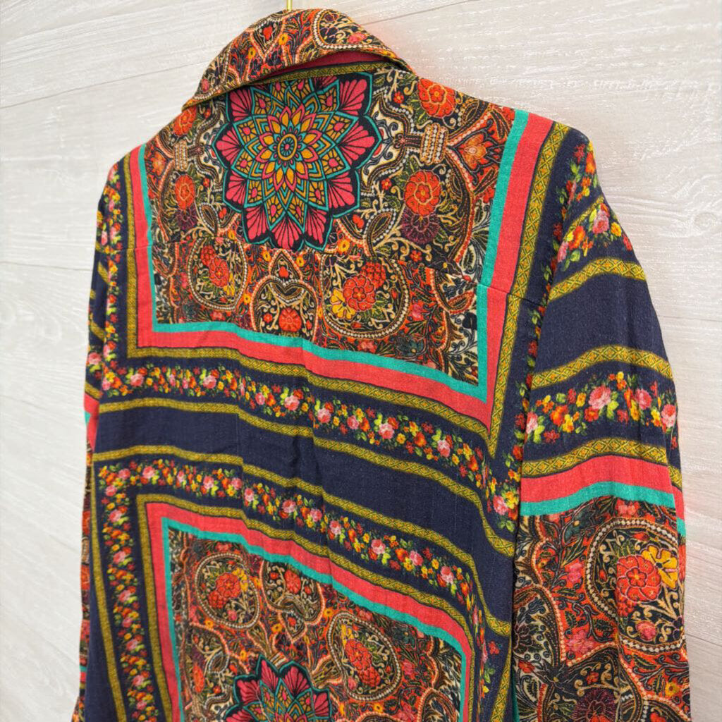 All About Her Navy/ Multi Embroidered Print Long Sleeve Button Down Top Extra Large