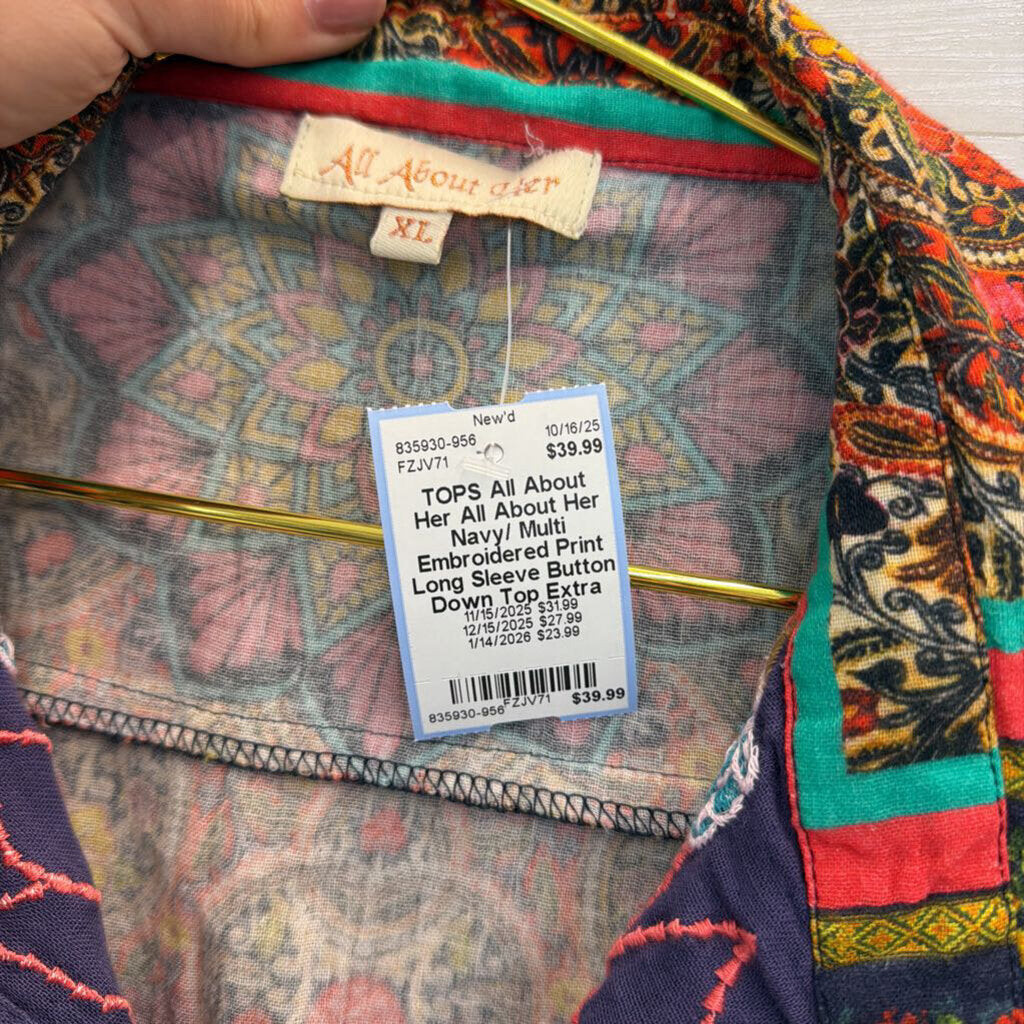 All About Her Navy/ Multi Embroidered Print Long Sleeve Button Down Top Extra Large