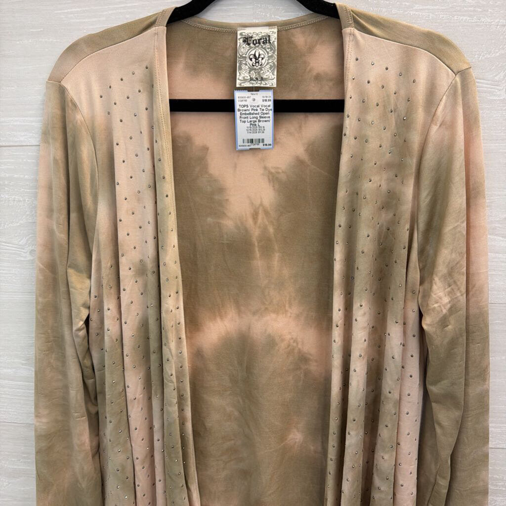 Vocal Brown/ Pink Tie Dye Embellished Open Front Long Sleeve Top Large