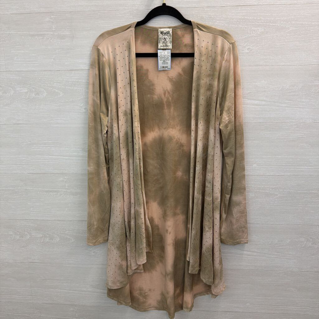 Vocal Brown/ Pink Tie Dye Embellished Open Front Long Sleeve Top Large