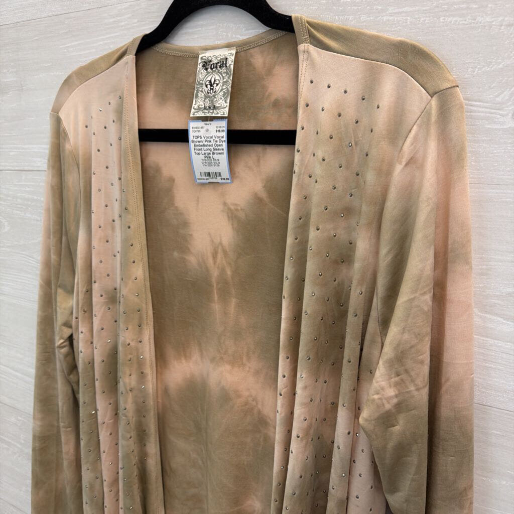 Vocal Brown/ Pink Tie Dye Embellished Open Front Long Sleeve Top Large